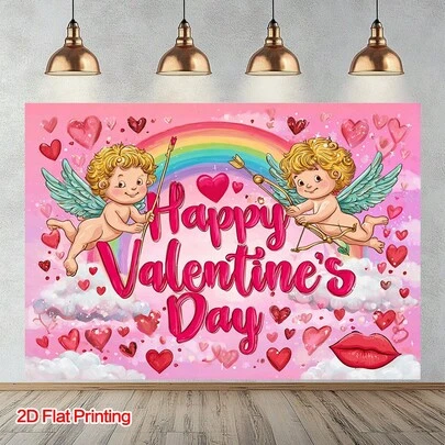 1件丘比特与爱心背景布 - 浪漫涤纶面料背景，适用于家居、影棚、婚礼装饰。丘比特与爱心印花摄影道具，适用于室内美化、摄影背景、活动装饰，2D平面设计