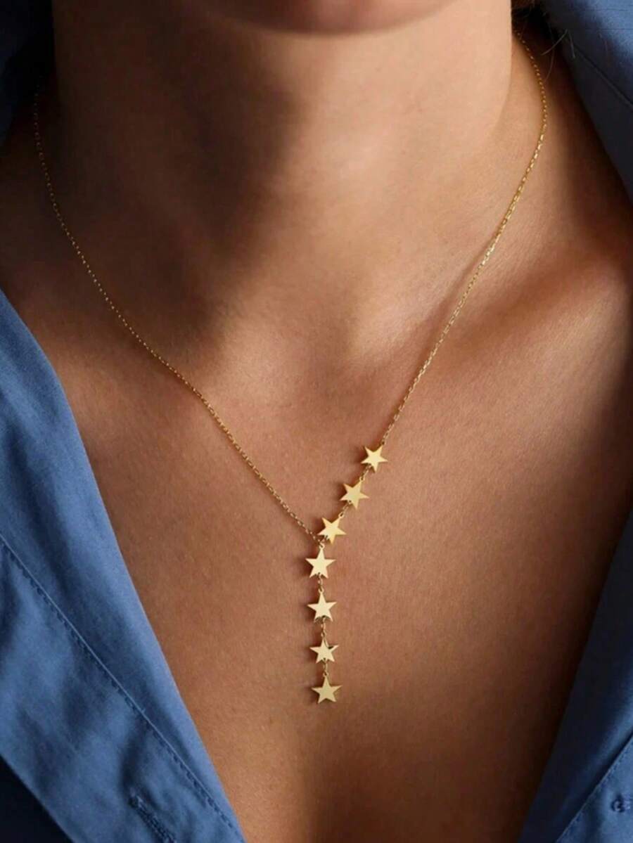 1 Pc Simple Design Delicate Heart Star Y Chain Necklace For Women - Gold 2 - View 1