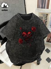 Áo thun nữ mùa hè bằng cotton đã giặt, in họa tiết ngộ nghĩnh phong cách đường phố, với họa tiết "Gai và hoa hồng đỏ, gai quấn vào trái tim", thời trang nữ retro Hàn Quốc thoải mái, đa năng phong cách Y2K, áo thun dáng rộng phong cách đường phố cá tính phong cách punk Y2K, áo thun ngắn tay nữ có thể giặt, màu đen thường ngày - màu đen - Xem 5