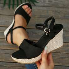 Women's Fashion Wedge Sandals, Black Rope Bottom Thick Sole Wedge Sandals, Spring/Summer New Arrival - Black - View 2