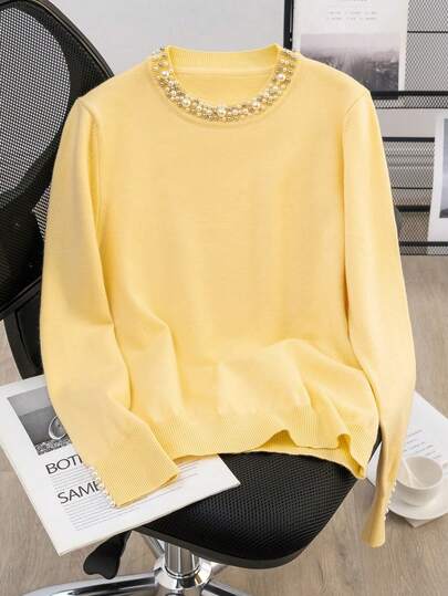 GIGOGOU Plus Size 1-4XL Fashion Beaded Women Warm Sweater, Casual Versatile Long Sleeve Knitted Pullover, Autumn Fashion Apparel