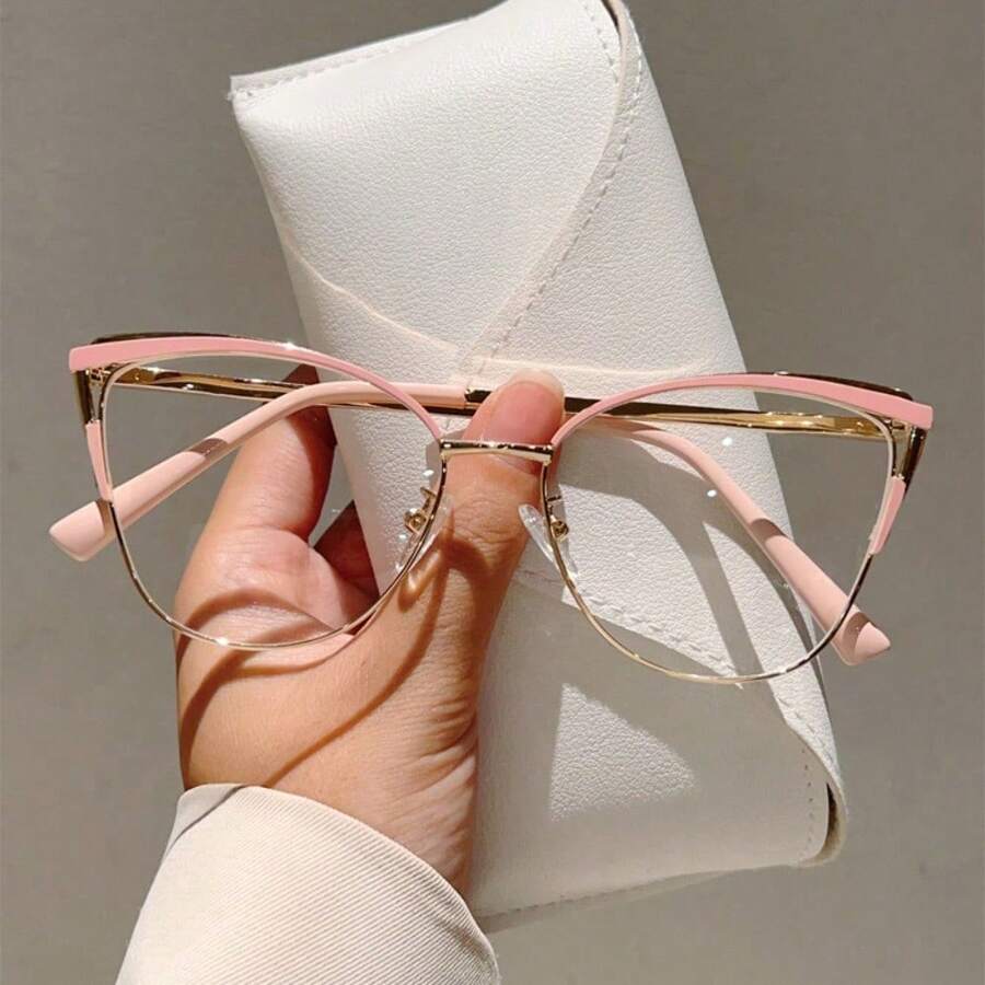 Fashionable And Minimalist Cat-Eye Plain Glasses With A High-End Look For A Natural Makeup Look,  Light, Metal Frame, Suitable For Business And Office Use - Pink - View 1