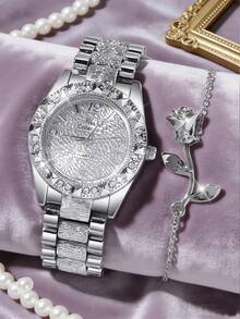 This 2 Pieces Luxury Women's Watch Set Includes A Silver-Tone Metal Band Quartz Watch And A Rose-Shaped Silver Bracelet With A Delicate Rose Pattern, Showcasing A Sparkling And Elegant Charm. Suitable For Various Occasions, Such As Christmas Dates, New Year Commuting, Evening Galas, And Daily Outings. - Silver - View 2