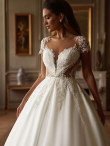 Lavish Sheer Neck Lace Cap Sleeve Cutout Waist Satin Ballgown Wedding Dress With Lace Train, Wedding Dresses For Bride, Elegant And Comfortable, Includes Plus Sizes, Bridal Gown, Formal Dresses For Women, Suitable For Wedding, Party, Vacation, Bride, Formal Occasions, Dinner Dress, Prom Dress, After-Party Dress, Homecoming Dress, Cocktail Party, Birthday Party, Celebration, Gala, Festival, Ceremony - 白色 - 查看 2