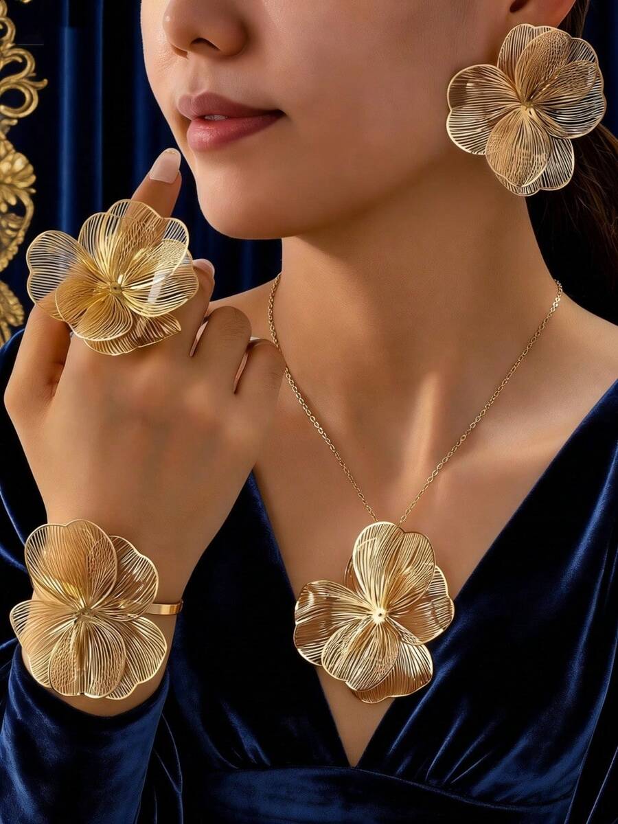 Vintage Metallic Gold Textured Floral Pendant Earrings | Hypoallergenic & Lightweight Design | Perfect For Daily Wear, Parties, Holidays, And Special Occasions | Timeless Elegance For Women | Thoughtful Gift For Loved Ones - 黃金-4 - 查看 1