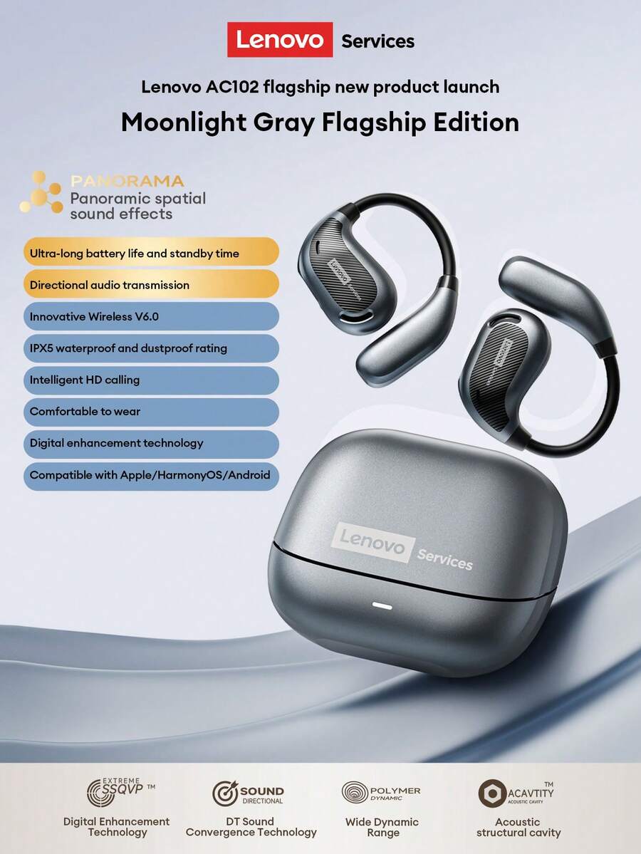 Tai nghe Bluetooth Lenovo AC102, kiểu dáng treo tai, Bluetooth 6.0, âm thanh không gian, cuộc gọi chất lượng cao, độ trễ thấp, chơi game và nghe nhạc, thời lượng pin dài, vừa vặn thoải mái, không dây cho điện thoại thông minh và máy tính, quà tặng dịp lễ.