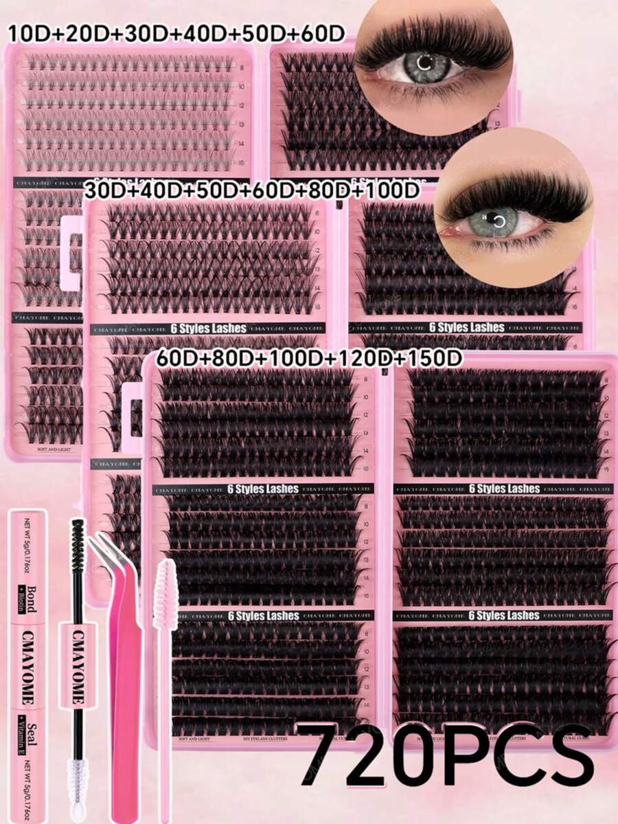 720pcs Ultra High Density DIY False Eyelash Set, 8-16mm 10D-150D D Curl Natural Style, Ultra Thick & Fluffy, Suitable For Daily Use And Beginners, Perfect For Daily Occasions, Weddings, Outdoor Activities, Travel, Parties