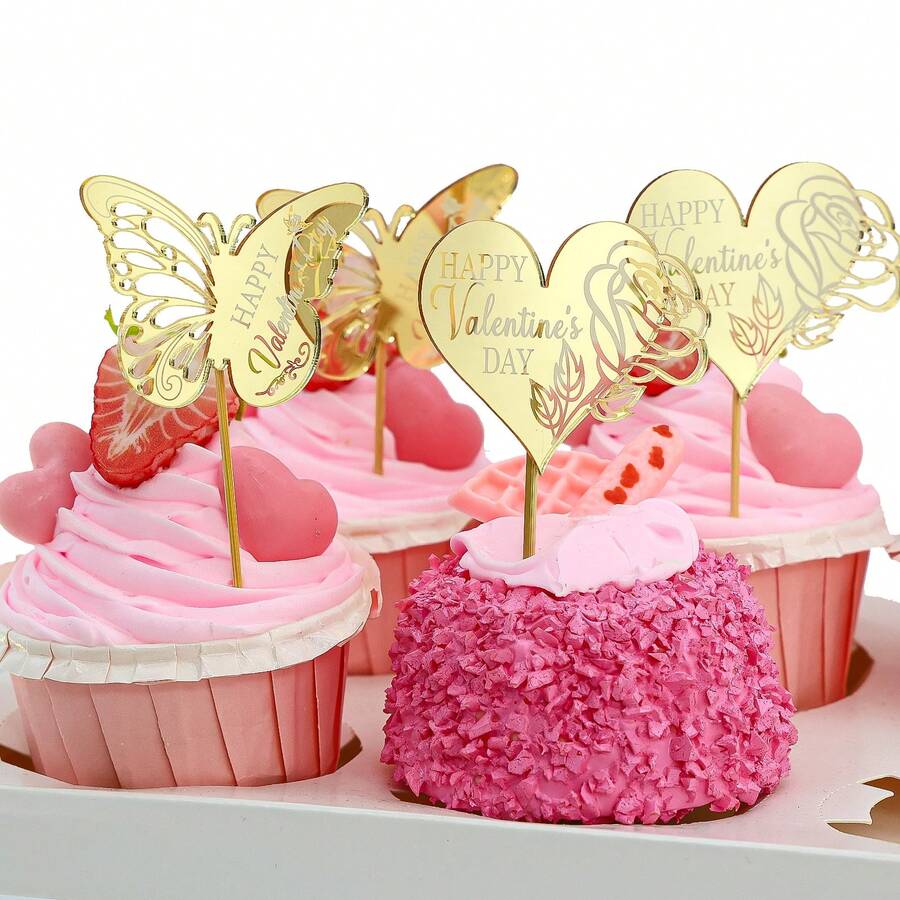 10/20 Pieces Happy Valentine's Day Gold Mirror Anniversary Acrylic Cupcake Topper - Gold - View 1