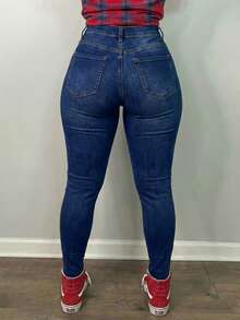 Jkorea Women's High Waisted Heavily Distressed Skinny Jeans - Ripped Shredded Denim Pants Streetwear Aesthetic - 深色水洗藍 - 查看 2