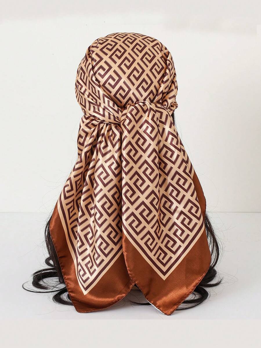 1pc Letter Print Faux Silk Scarf, Women Square Scarf 90cm, Fashion Shawl Headscarf For Street, Beach, Daily Wear, Can Be Used As Headband, Hair Tie - Brown 1 - View 1