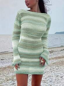 2026 Women's Spring/Summer New Fashionable Elegant French Striped Backless Knit Mini Green Dress, Suitable For Daily, Dating, Commuting, Beach Vacation, Spring Dress, Women's Valentine's Day, Summer Outfit, Women's Concert Outfit, Streetwear, Carnival Outfit, Women's Cruise Wear, Women's Beach Outfit, Women's Vacation Outfit - Mint Green - View 2