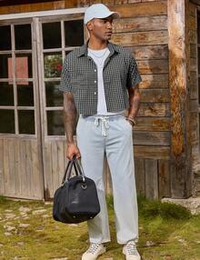 URRU Camisa corta a cuadros para hombre, camisa a cuadros de manga corta con botones, top corto - Negro - Ver 3