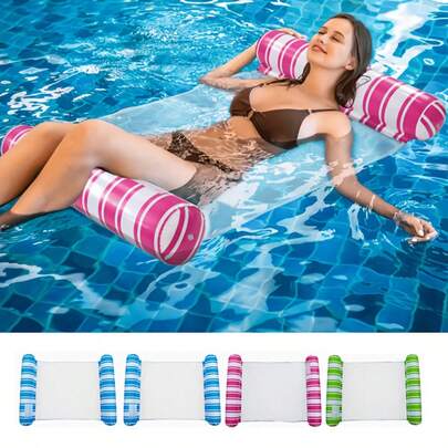 Inflatable Striped Hammock, Casual Mesh Lounger, Backrest Floating Bed, Foldable Floating Device, Includes Air Pump, Random Color
