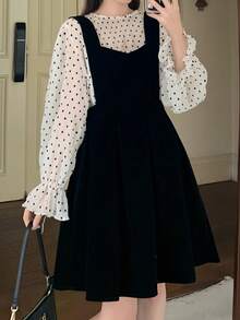 طقم بلوزة كم واسع مطبوع بنقاط وفستان مخملي أسود قطعتين، طقم ملابس للطالبات مناسب لأداء المجموعات على المسرح - متعدد الألوان - مشاهدة 11