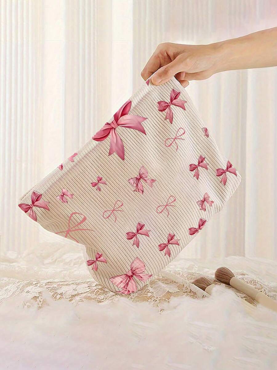 灯芯绒蝴蝶结化妆包，可爱粉色拉链旅行收纳包，可水洗便携式必备化妆包，灯芯绒收纳袋化妆品整理包 - 彩色 - 查看 1