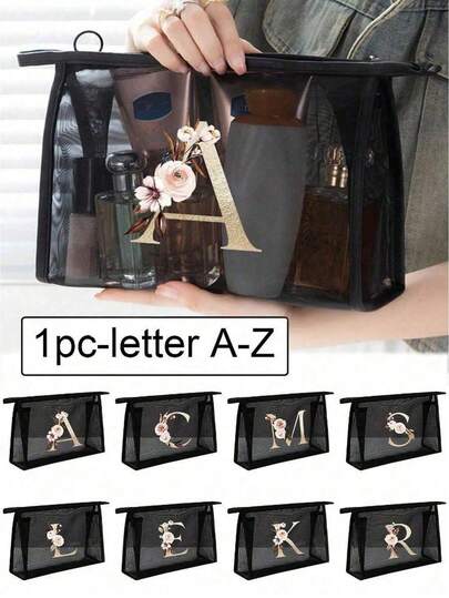 Black Mesh Bag, Gold Letter A-Z Transparent Mesh Cosmetic Storage Bag, Multi-Functional Travel Portable Bag, Lipstick & Skincare Storage Makeup Bag, Student Stationery Bag, Mesh Zipper Bag, Travel Cosmetic Organizer Bag, Minimalist & Fashionable, Jewelry Storage, Suitable For Accommodation