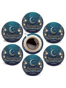 6pcs Round Wooden Coasters - Ramadan Theme Moon & Lantern Design, Wooden Home Decor, Housewarming Gift, Father's Day, Independence Day, Holiday Tableware, Durable Surface, Tabletop Protection, 2D Flat Design, Ramadan, Eid Al-Fitr Holiday Coasters, Placemats, Table Protectors, Home Decor - Multicolor - View 6