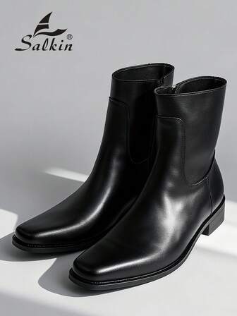 Salkin 2025 Nuevos Botines de Estilo Occidental Vintage para Hombre, Botines de Cuero Genuino con Cremallera Lateral para Hombres, Suelas Cómodas y Duraderas, Zapatos Formales de Negocios para Caballero, Zapatos Casuales de Oficina y Fiesta, Cita de Pareja, Cena Romántica, Regalo de Vacaciones, Vuelta a la Escuela para Estudiantes, Estilo Universitario