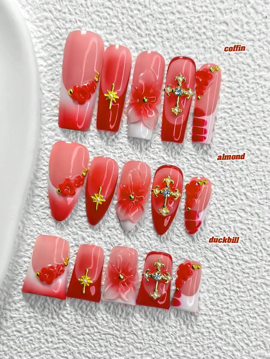 10pcs Romantic French Handmade Press-On Nails, Polygel Nail Art Set, Gradient 3D Flower, Star, Cross Pattern, Red & White Color, Playful & Cute Style, Includes Nail Tools, 3 Sizes Available, Almond/Duck/Coffin Shape, Suitable For Party, Dancing, Daily Wear - 彩色 - 查看 1
