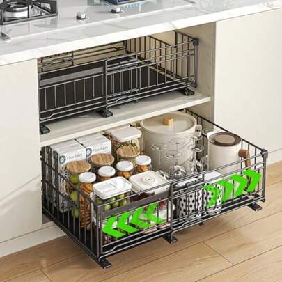 REALINN 2 Pack Pull Out Cabinet Organizer Expandable 12"-20" Slide Out Drawers 3 Slide Rails Fix With Adhesive Or Screw Roll Out Shees For Kitchen Cabinet Organization Black 6.75in Height