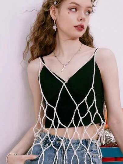DEKUNER Elegant Handmade Crochet Hollow Out Vest, Fashionable Casual Design With Tassel Criss-Cross Strap Top, Can Be Worn As A Camisole Or Body Jewelry, Suitable For Holidays