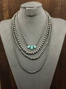 4-Layer Beaded Necklace, Fashionable Unisex Statement Long Necklace - Antique Silver - View 8