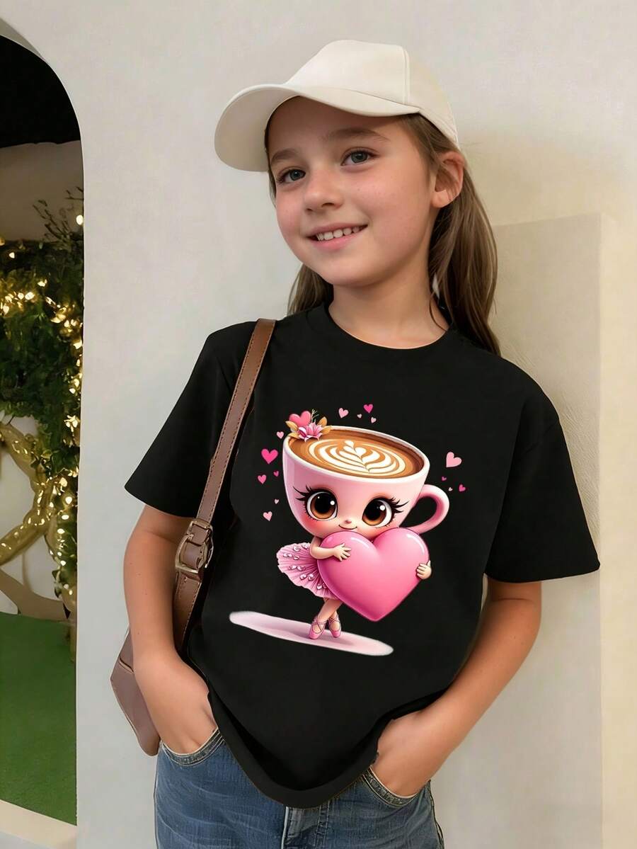 Tween Girls' Cute Cartoon Print Round Neck Short Sleeve T-Shirt, Summer - Black - View 1