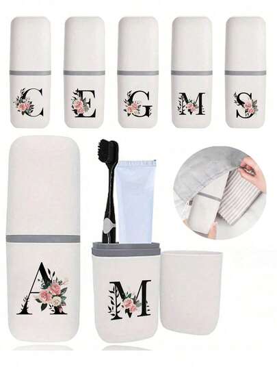 1pc Portable White Toothbrush Case With Black Floral Alphabet A-Z Print, Keeps Your Toothbrush Clean And Convenient To Carry! Toothbrush Holder, Portable Toothbrush Cup Cover, Suitable For Travel, Camping, Business Trips, As Well As Valentine's Day, Christmas And Thanksgiving Gifts.