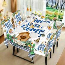 1/4/5/6/7/36pcs Spring & Summer Series Faux Distressed White Wood Grain Board, Paired With Blue & White Plaid Trim, Sunflower, Butterfly & Bird House Print Chair Cover/Seat Cushion Set, Suitable For Indoor Home, Dining Room, Hotel, Ideal For Modern Daily Decor. Tablecloth Fits Square Dining Table, Elastic Chair Cover Is Washable. - Multicolor - View 15
