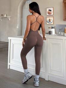 TCVC 女士无缝时尚露背连体裤，交叉肩带设计，防滑支撑，性感运动风，高弹提臀，亲肤面料，适合室内外运动、健身、跑步等，百搭连体裤 - 棕色 - 查看 6
