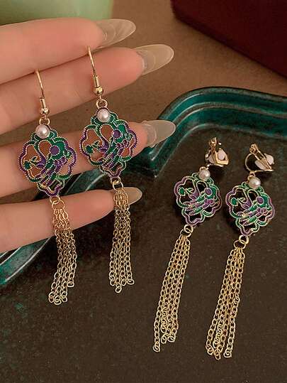 1对新款中国风吉祥云朵仿珍珠流苏夹式耳环，简约几何设计，适合无耳洞佩戴