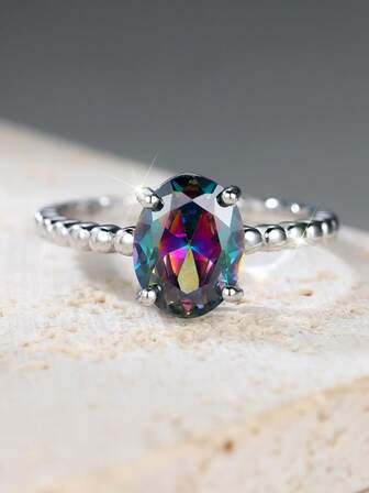 925纯银四爪镶嵌椭圆形彩色立方氧化锆戒指，优雅珠宝礼物，适合女性，订婚、结婚、周年纪念日