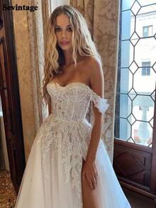 Elegant Sexy Off Shoulder Corset High Slit Tulle A Line Wedding Dress,Registry Office Dresses Bridal Gown,Evening Party Dress Birthday Party Dress Country Wedding,Romantic Church Ceremony Wedding Dress,Suitable For Wedding,Dating,Party,Singles' Party,Vacation,Formal Occasions,Dinner Dress,Prom Dress,Homecoming Dess,Cocktail Party,Wedding Guest Dress,Graduation - 白色 - 查看 2