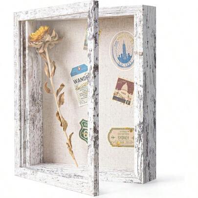 Califortree Ouide 8x10 Shadow Box Frame With Linen Back - Real Glass Push Pins Included Sturdy Rustic Memory Display Case Fi Photos Or Items Under 6x8 Distressed White