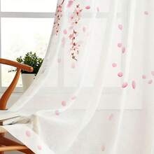 2PCS Simple And Romantic Pink Cherry Blossom Falling Printed Gauze Curtain, Spring Elegant Series Semi Transparent Home Decoration Gauze Curtain, Suitable For Living Rooms, Bedrooms, Study Rooms, Balconies, Offices And Restaurants All Year Round - 彩色 - 查看 2