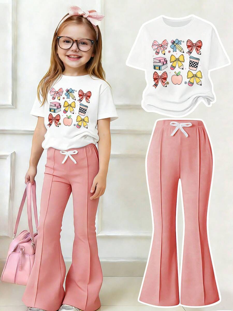Bộ trang phục thường ngày cho bé gái tuổi teen: áo thun ngắn tay in nơ và quần ống loe. - trắng - Xem 1