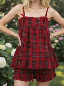 Women's Plaid Shorts Outfit Loose Fit Stylish Bows Ruffled Trim Spaghetti Strap Tops And Shorts 2 Pcs Set - Red - View 5