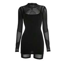 2pcs/Set Sheer Mesh Long Sleeve Bodycon Mini Dress, Sexy Fitted Streetwear For Spring/Summer - Black - View 7