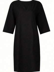 女士休闲优雅黑色直筒中长连衣裙，V领，半袖，及膝长度，带口袋 - 黑色 - 查看 2