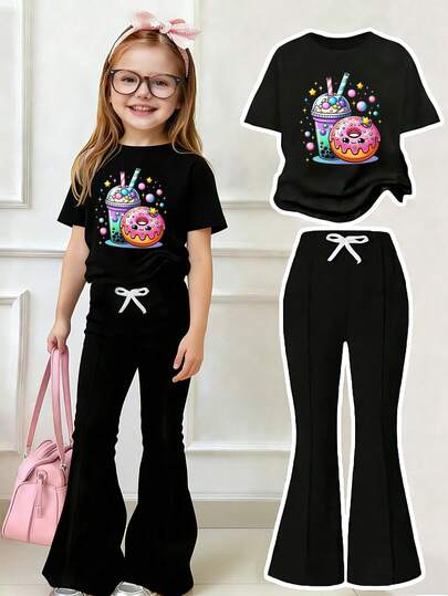少女休闲卡通印花短袖T恤和喇叭裤套装，夏季