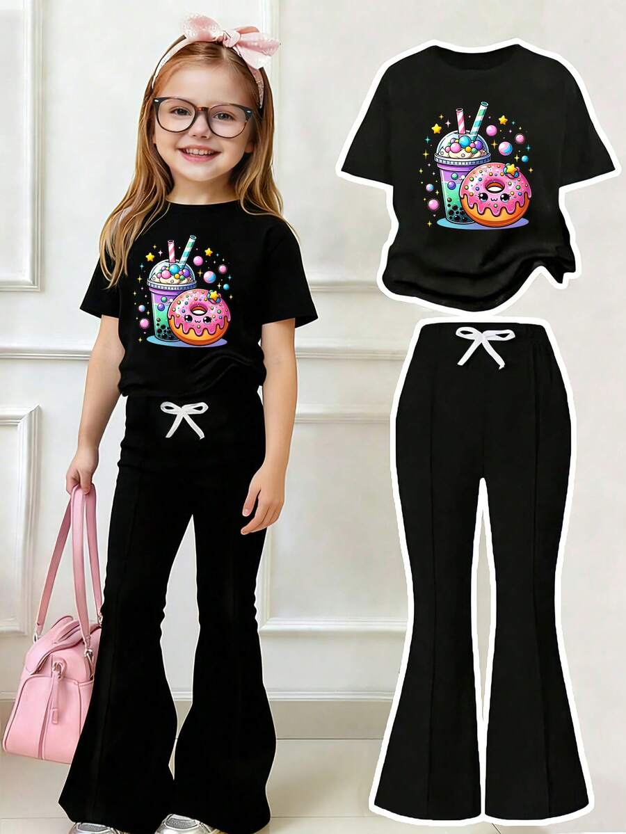 少女休闲卡通印花短袖T恤和喇叭裤套装，夏季 - 黑色 - 查看 1
