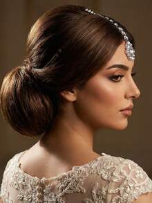 闪亮水钻头链婚礼波西米亚阿拉伯水钻额链头饰发箍简约宴会情人节配饰 - 銀色 - 查看 3