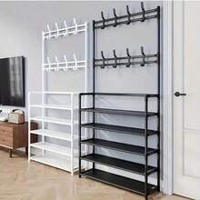 1pc Multi-Functional Iron Shoe Rack, 4/5 Tiers With 8 Hooks - Easy Assembly, Black/White Shoe Organizer Shelf - Multicolor - View 3