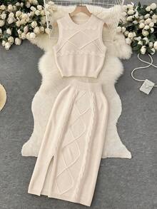 Women's Casual Elegant Fashion Commute Comfortable Office Vintage Lady Solid Color Cable Knit Sleeveless Top & Midi/Maxi Skirt Set, Suitable For Daily, Date, Beach, Early Spring/Autumn - Apricot - View 6