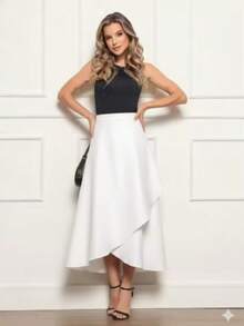 Elegant Faux Leather Wrap Midi Skirt For Parties, Casual Wear, Cute Boho Style, PU Leather Wrap Skirt, Wedding, Evening, Formal Office, Stage And Concert, Winter. - trắng - Xem 2