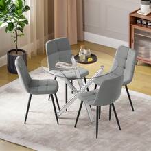 Modern Dining Table And Chairs Set Of 4, 4 Grey Linen Fabric Chair With Chrome Leg Glass Table - Silver-legged Glass Table + 4 Gray Linen Chairs - View 2