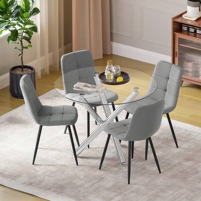 Modern Dining Table And Chairs Set Of 4, 4 Grey Linen Fabric Chair With Chrome Leg Glass Table