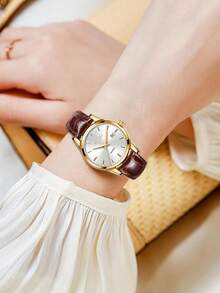 Girl's 30M Waterproof Watch Luminous Dial Mineral Glass Leather Strap Casual Quartz Wristwatch - Gold - View 3