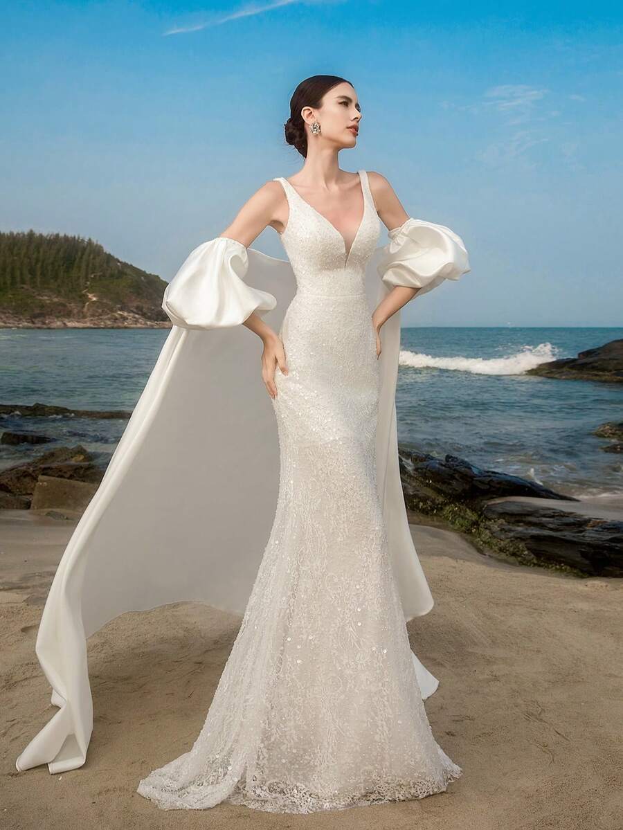 Đầm dạ hội HEARBOBO sang trọng, cầu kỳ, tay phồng dài, đính sequin, thích hợp cho tiệc tùng, dạ hội, dạ tiệc kiểu nàng tiên cá, đầm cưới có đuôi dài, thích hợp cho mùa xuân.