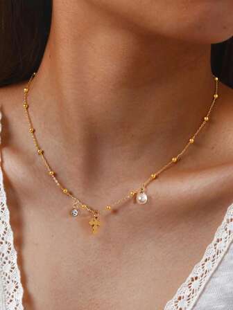 1 pieza Collar de mujer con cruz de perla chapada en oro de estilo retro suave de acero inoxidable para accesorio de uso diario